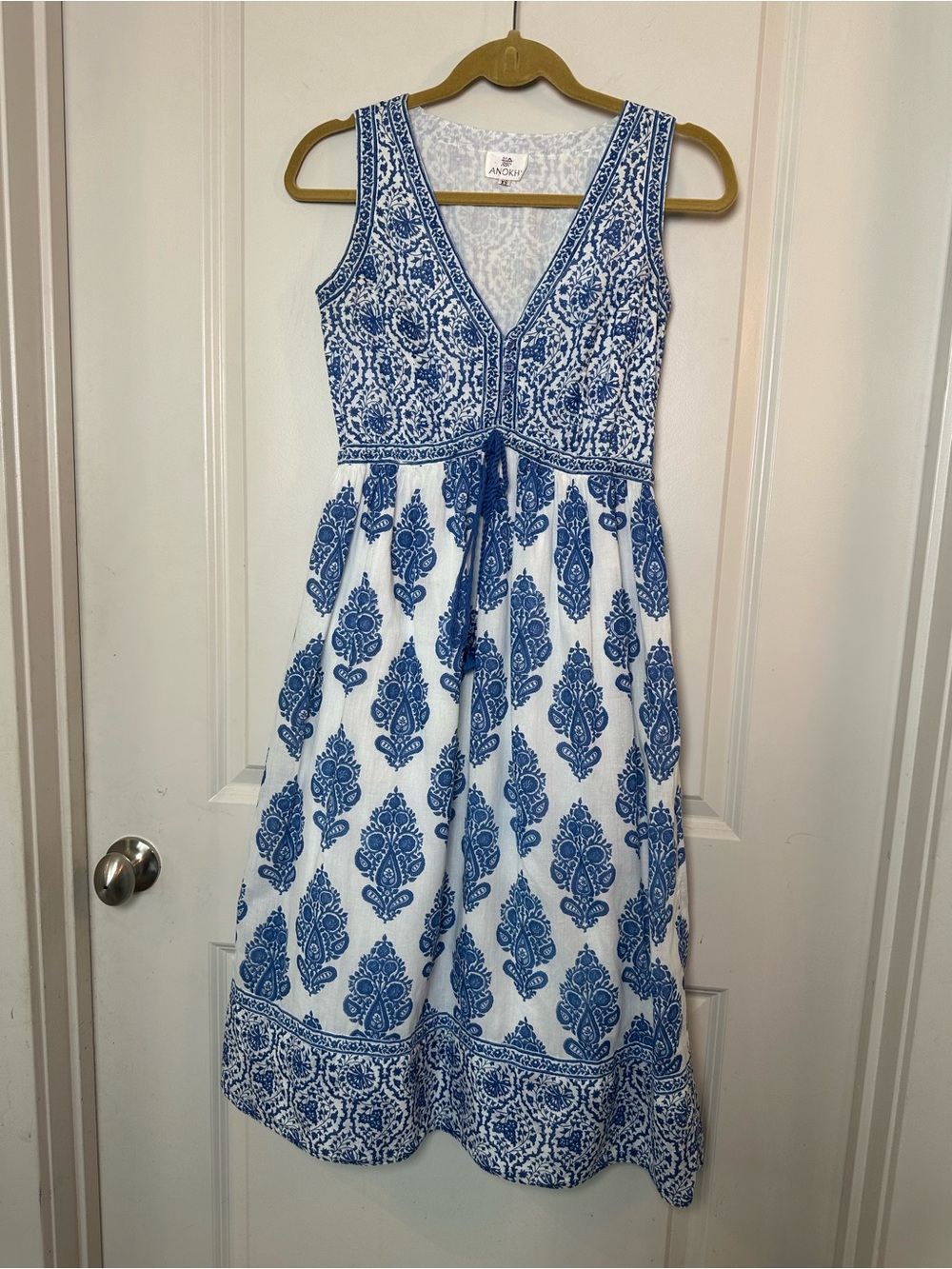 ANOKHI Cotton Sleeveless Botanical Blue White Tassel Tie Midi Dress, XS